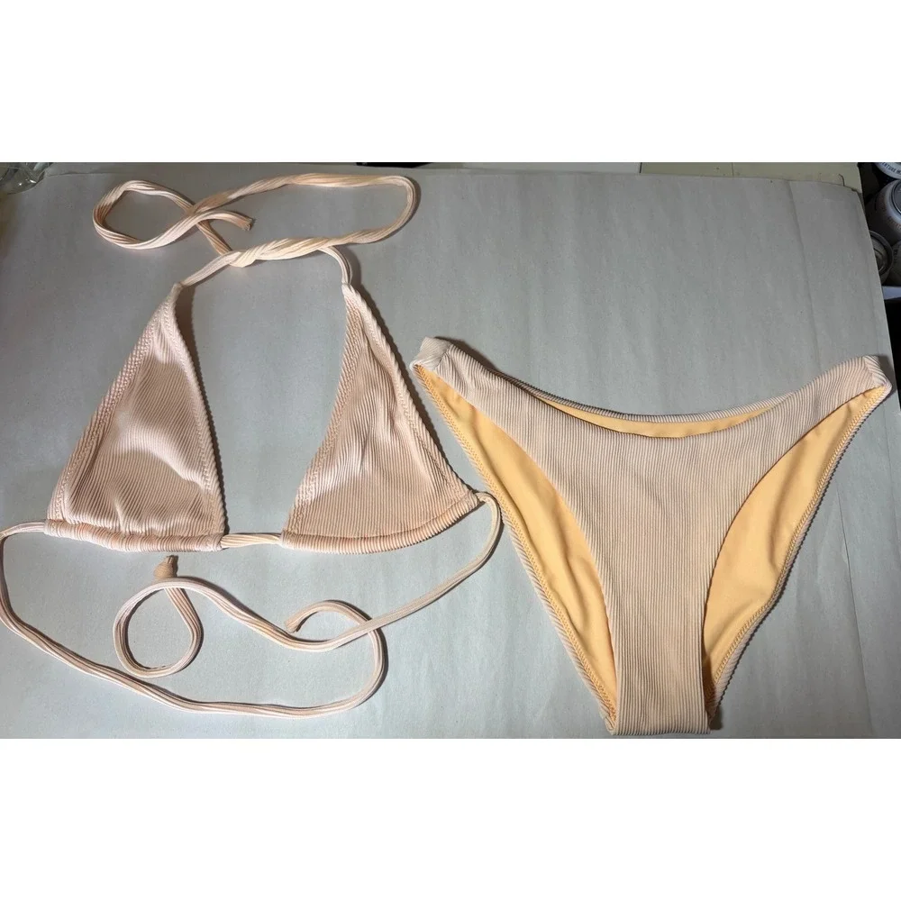 Kulani Kinis Mango Ribbed Triangle Bikini Set High Cut‎ Cheeky Medium Womens